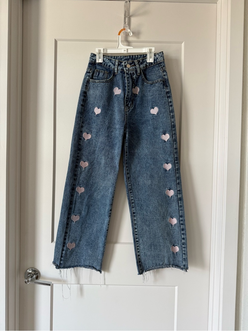 SHEIN Blue Wide Leg Jeans with Pink Heart Embroidery